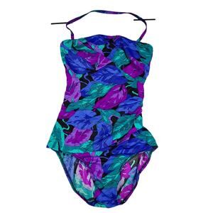 Vintage Jantzen One Piece Swimsuit 10 Floral Bright Abstract Leaf